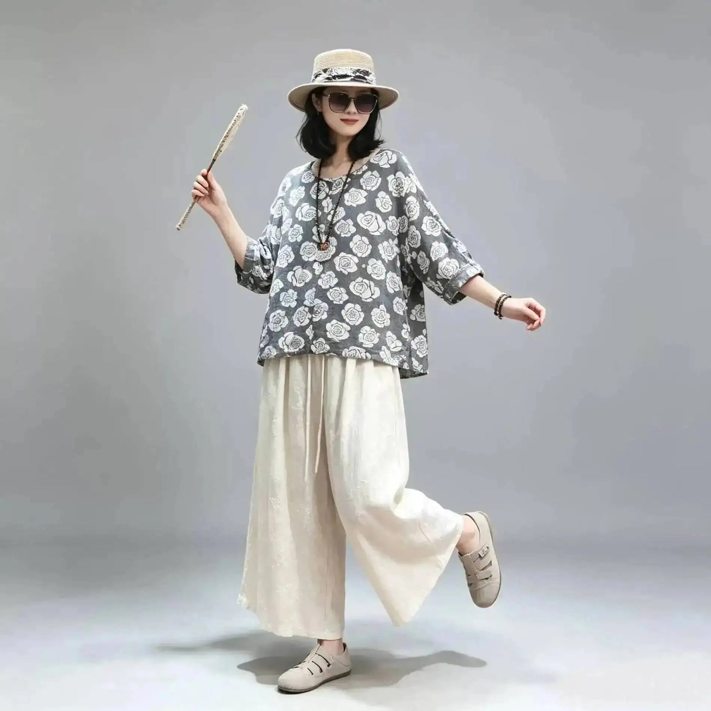 Floral Loose Top Women Summer Casual Short Sleeve T-shirt LX5849