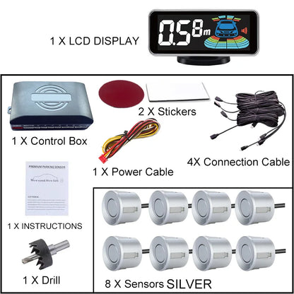 8 Radar Parking Sensor Kit Backlit LED Display Parktronic Backup Detector Assistant Car Parking System