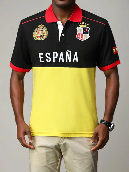 Men's Polo Shirt Spain Short Sleeve Royal Leisure Sports Party Cotton Embroidered With Slit Contrast Color Original Design