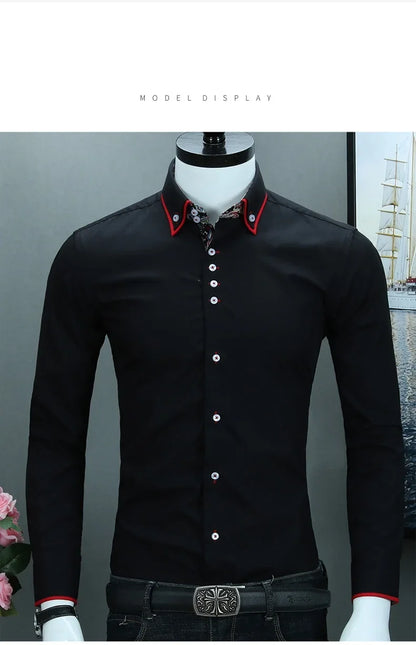 2025 Spring/Fall Men's Slim Fit Long Sleeve Shirts Free Iron Chinese Double Collar Trend White Fashion Business Casual Shirt
