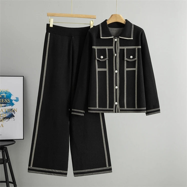 Loose Long Sleeve Collared Sweater And Pants Set Women's Casual Style Fashion 2025 Autumn Season Single Button Opening Cardigan