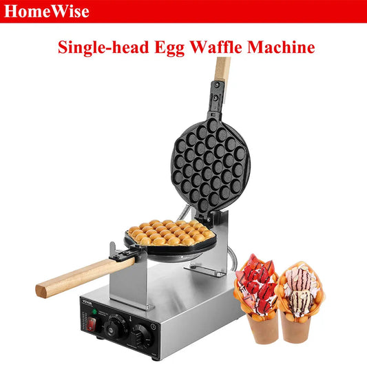 HomeWise Commercial Egg Bubble Waffle Maker 1400W Non-Stick Stainless Steel Bubble Puff w/180° Rotatable 2 Pans & Wooden Handles