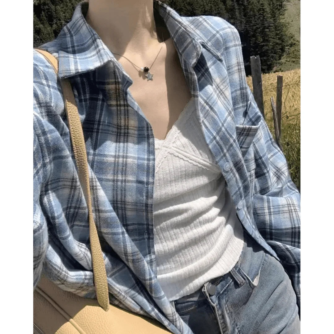 Retro Loose Lazy Plaid Shirt Women Early Autumn New Korean Version Casual Simple Long Sleeve Outer Commute Small Shirt
