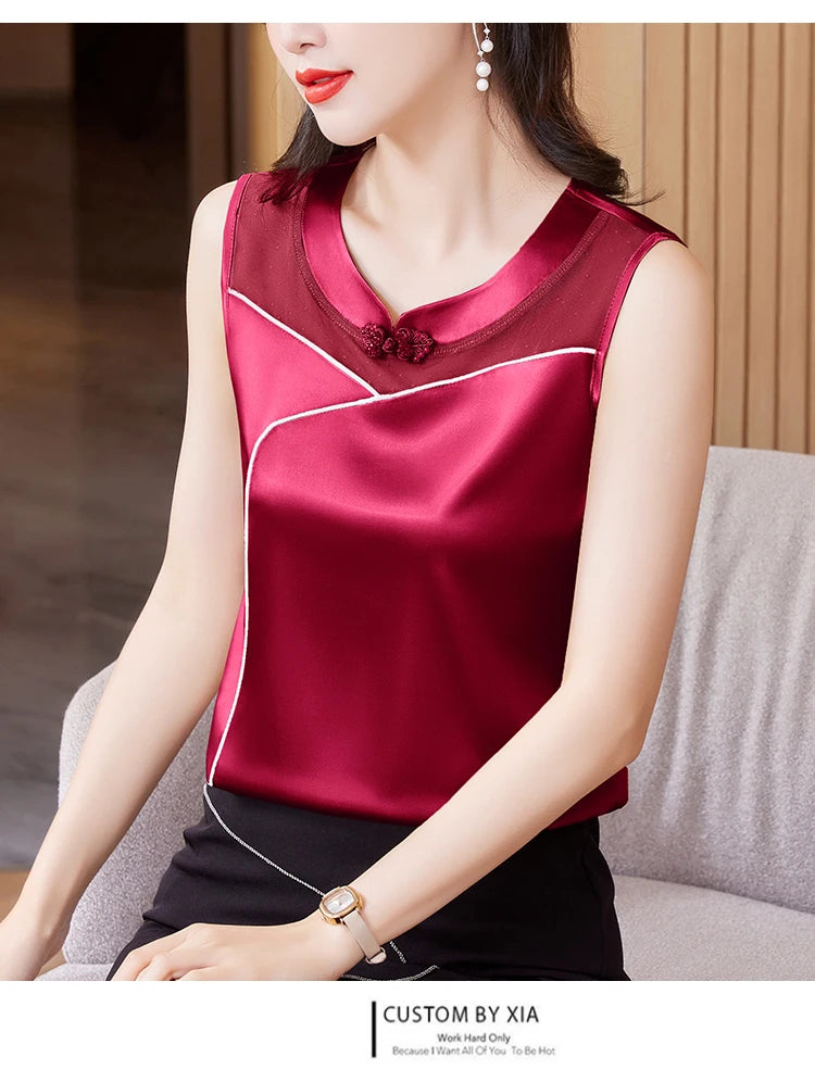 M-5XL 2024 New Fashion Women Tank top Spring Summer Sleeveless Silk Satin Vest Shirt Patchwork Mesh Clothing