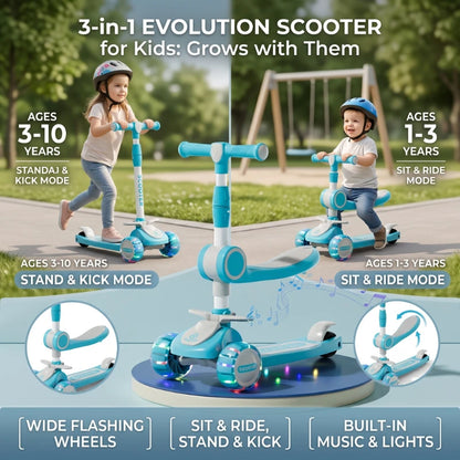 3 in 1 Adjustable 3-Wheel Kids Ride-On Scooter with Extra Wide Light-Up PU Wheels Kick Scooter with Music and Light for Children