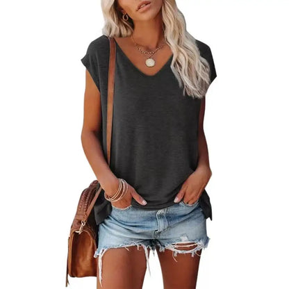 2026 Women's Summer Casual V Neck T Shirt Batwing Sleeve Loose Fit Tee Tops Solid Color Basic Blouse Plus Size T Shirt