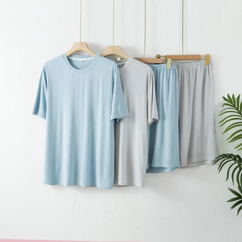 2pcs Men's Pajama Set Minimalist Solid Style Bamboo Fiber Fabric Short Sleeve Shorts Lightweight Soft Breathable Loungewear Set
