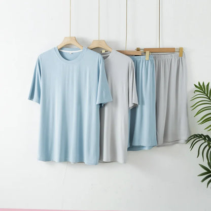 2pcs Men's Pajama Set Minimalist Solid Style Bamboo Fiber Fabric Short Sleeve Shorts Lightweight Soft Breathable Loungewear Set