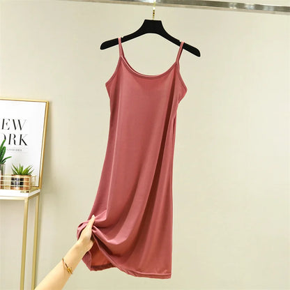 Summer Thin Ice Silk A-Line Dress Women's Casual Long Gown Inner Wear Vest Dress plus Size Korean Style Loose Waist Design