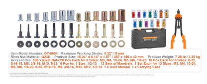 SucceBuy 14" 16" Rivet Nut Tool Rivnut Tool Kit with Metric and SAE Mandrels 70PCS/186PCS Rivet Nuts With Rugged Carrying Case