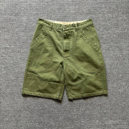 American retro herringbone pattern cargo shorts for men with large pockets, loose straight leg pants, summer casual