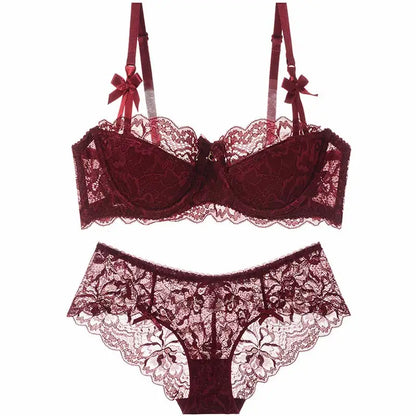 Sexy French Lace Push Up Bra Set for Small Chest, Anti Sagging Half Cup Demi Bra & Panty Lingerie Set, Sheer Adjustable Straps