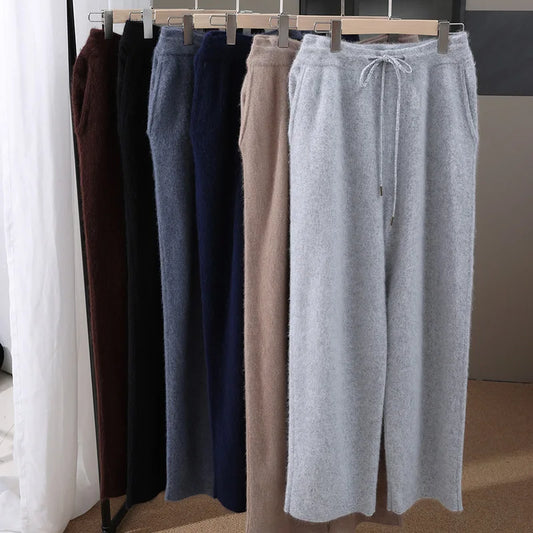 MVLYFLRT Men's 100% Mink Cashmere Thick Wide Leg Pants Comfortable Fit Knitted Luxury Winter Trousers D188