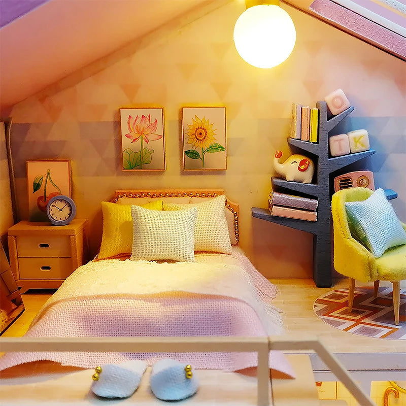Wooden Miniature Doll House 3D Puzzle Assembly Model Building Toys Home Bedroom Decoration With Furniture LED Lights DollHouses