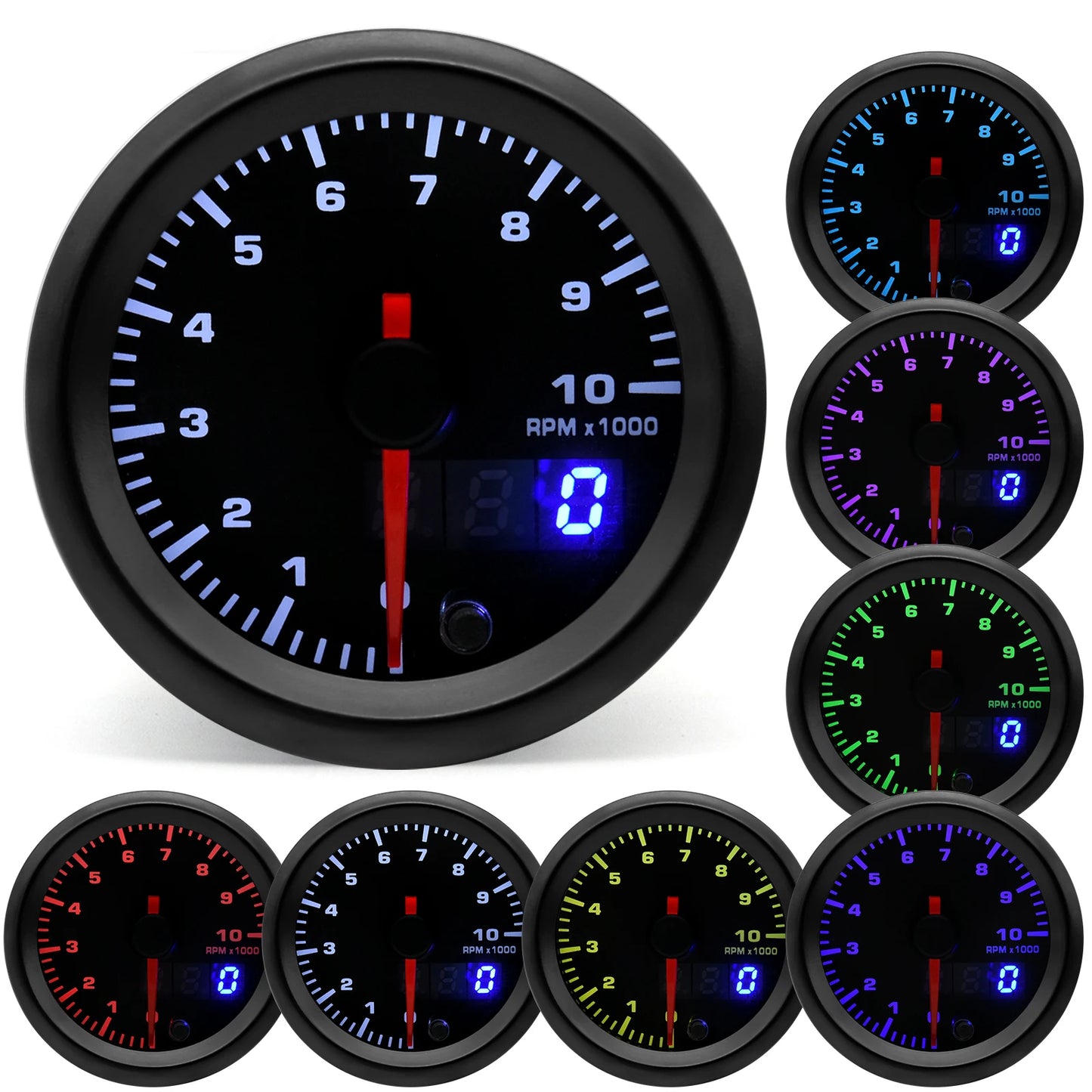 2" 52mm 7 Color LED Dual Display Gauge Boost PSI Boost BAR Water / Oil Temp Oil Pressure Voltmeter Air Fuel Ratio EGT Tachometer