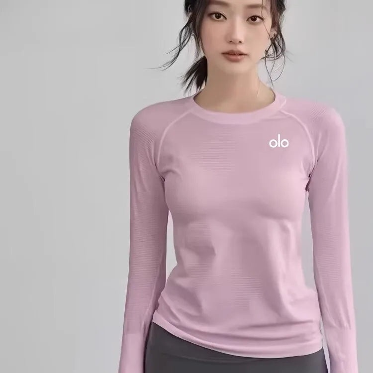 ALOUSIV New Long Sleeve round Neck Fitness Clothes Women Summer Running Pilates Training Top Yoga T-Shirt Breathable Nylon