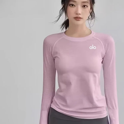ALOUSIV New Long Sleeve round Neck Fitness Clothes Women Summer Running Pilates Training Top Yoga T-Shirt Breathable Nylon