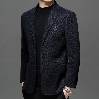 Autumn Winter Men Elegant Padded Blazers Coffee Navy Personality Pattern Suit Jackets Male Slim Fit Tailored Outfits Garments