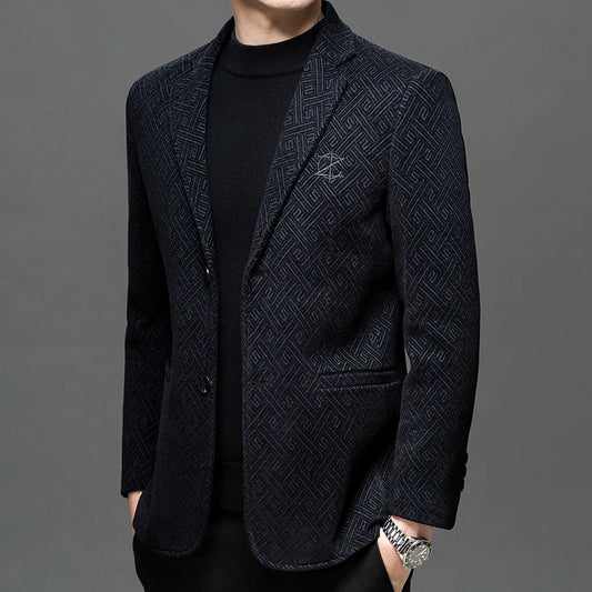 Autumn Winter Men Elegant Padded Blazers Coffee Navy Personality Pattern Suit Jackets Male Slim Fit Tailored Outfits Garments