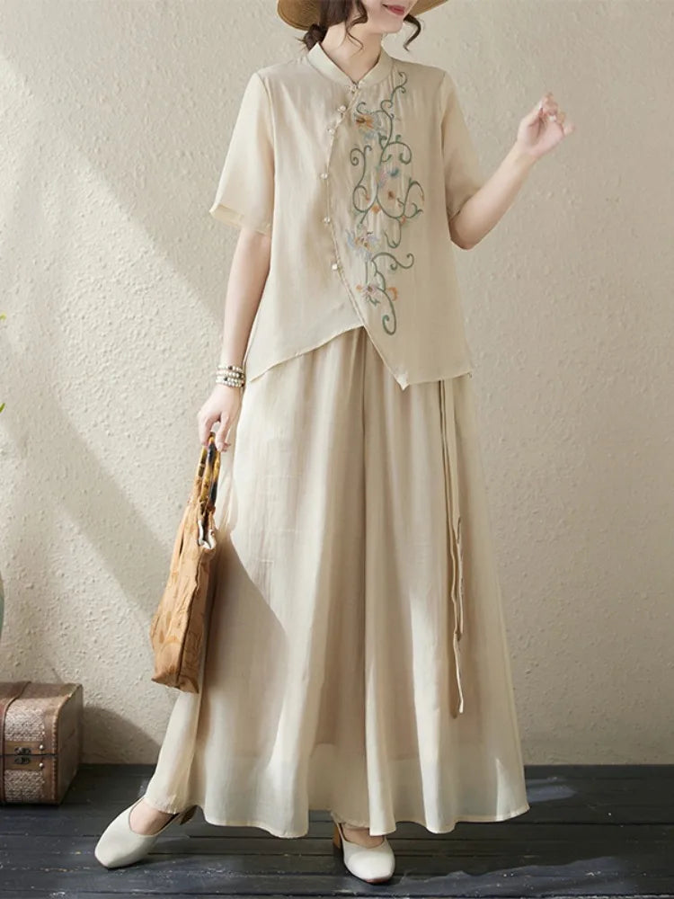 New National Style Heavy Embroidery  Set Women Summer Loose plus Size Fringed Wide Leg Pants Skirt Slimming Two Piece Set