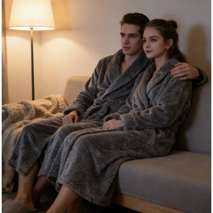 2026 Thickened Sherpa Couple Robe Long White Winter Sleepwear Belted Bathrobe