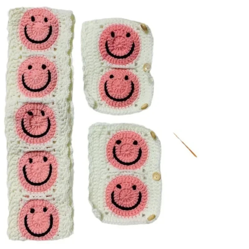 Warm Anti-Slip Hand Crocheted Flower Car Steering Wheel Cover Simple Stylish Winter Car Decor Safe Driving Seat Belt Accessory