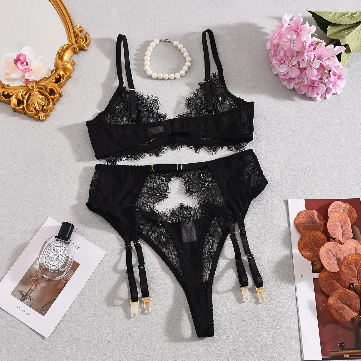 Ellolace Solid Lingeries Sexy Hot Elegant Bra Belt Thong 3PC with Leg Circles Cute Intimate Seductive Lace Tempted Underwear