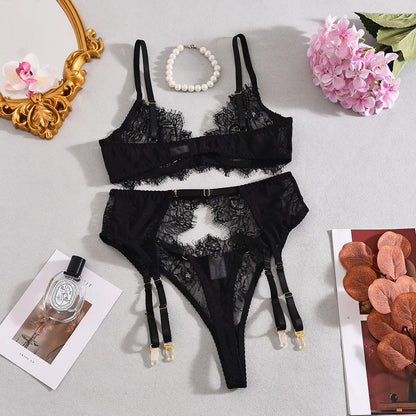 Ellolace Solid Lingeries Sexy Hot Elegant Bra Belt Thong 3PC with Leg Circles Cute Intimate Seductive Lace Tempted Underwear