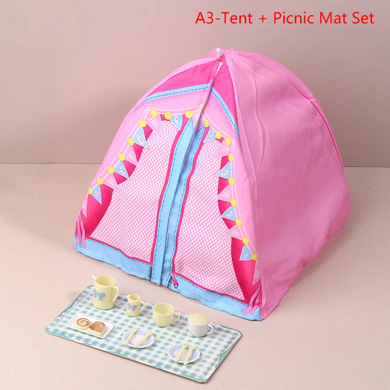 Hot-1/12 Dollhouse Simulated Tent Camping Kit Dollhouse Outdoor Picnic Camping Decor Micro Scene Photo Props Pretend Play Toys