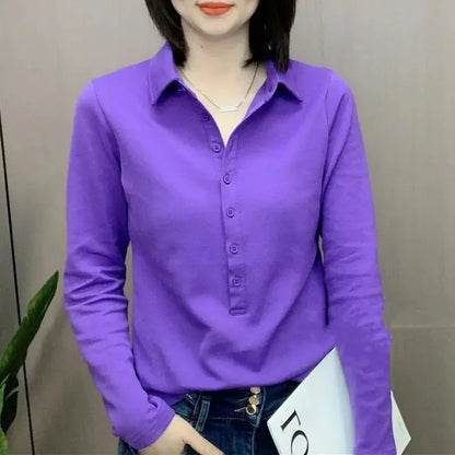 Long Sve  Ne Top Casual Faionable Versatile Slimming T-irt irt Autumn New Sle Korean Version V-Ne Polyester