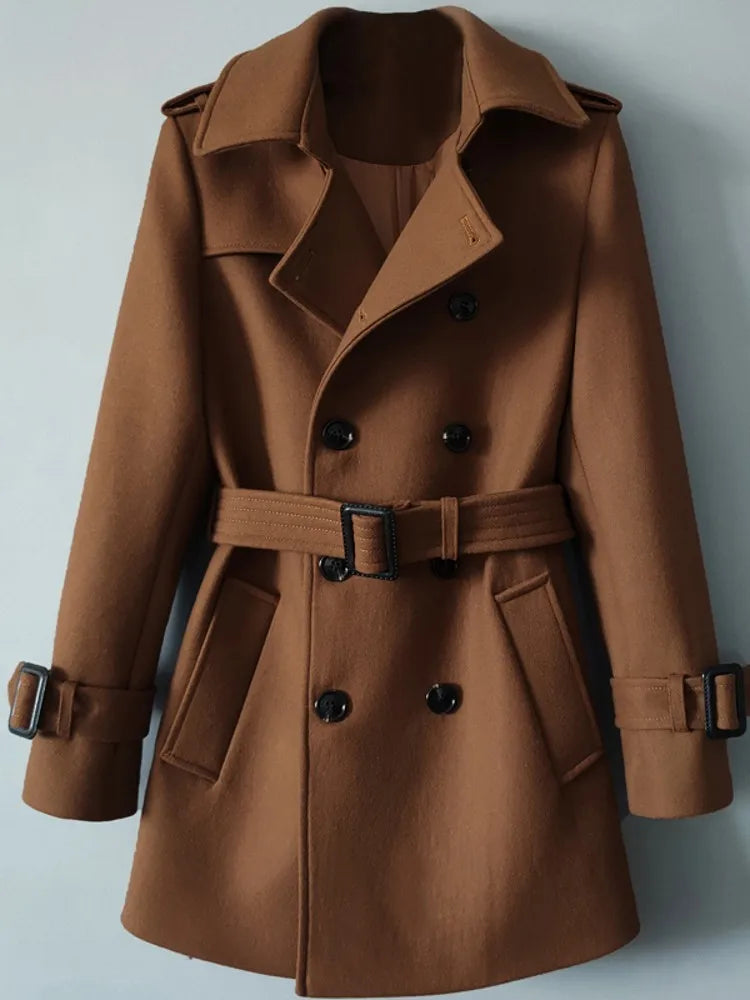 Men Mid Long Woolen Blends Coat Belted Double Breasted Wool Trench Spring New Business Work Windbreaker Classic Outwear Overcoat