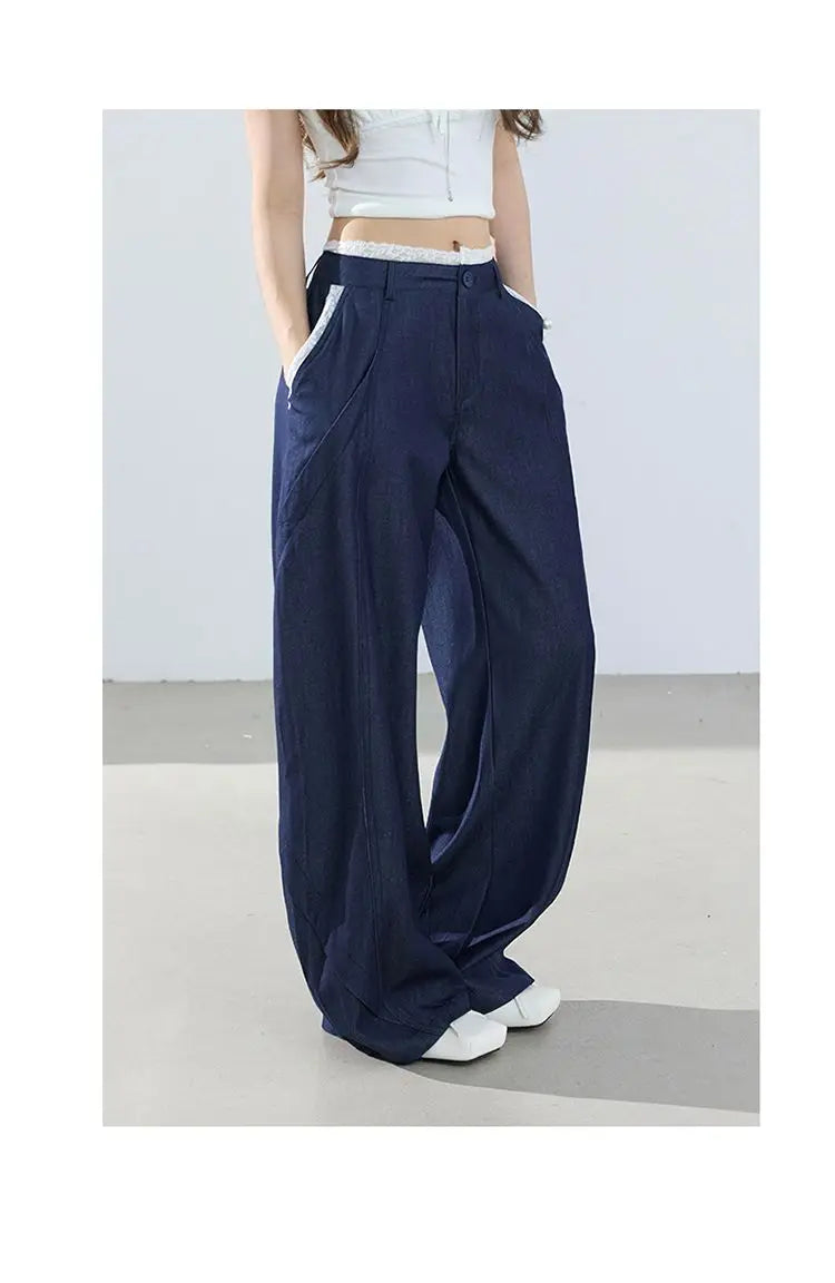 American-style retro loose wide-leg pants, lightweight curved pants, cool lace splicing, versatile casual pants for women