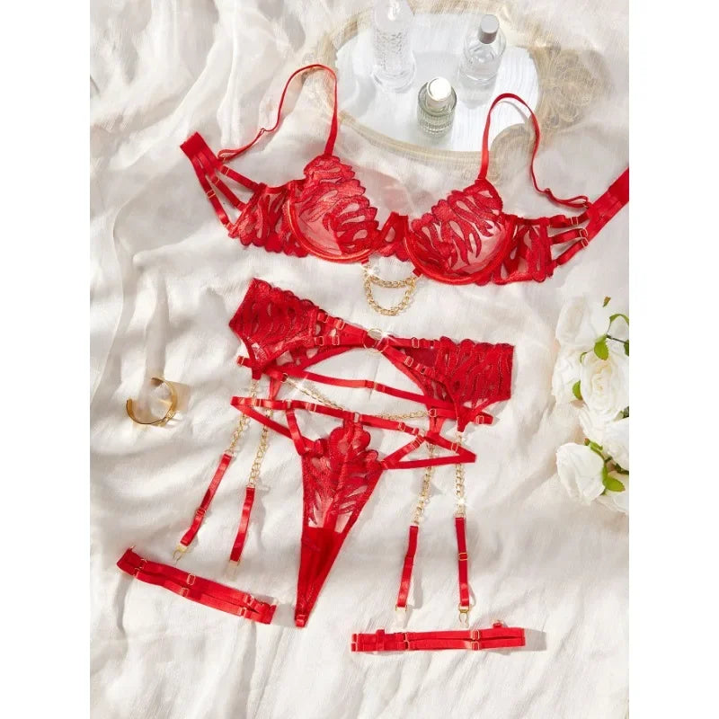 Tornova Lingerie Sexy Porn Underwear for Women Body Transparent Bra Metal Chain Lace Exotic 4-Piece Hollow Out Slim Set Bra New
