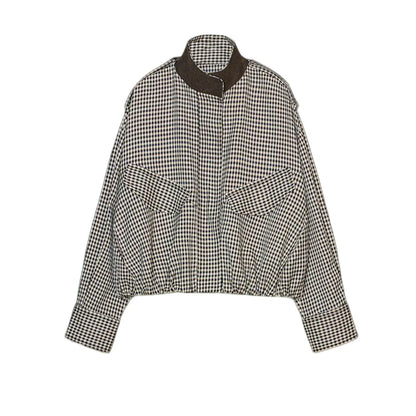Color Block Plaid Pilot Jacket Coat High Collar Long Sleeve Women's Spring Fashion Set with Midi Skirt Spring Season Pattern