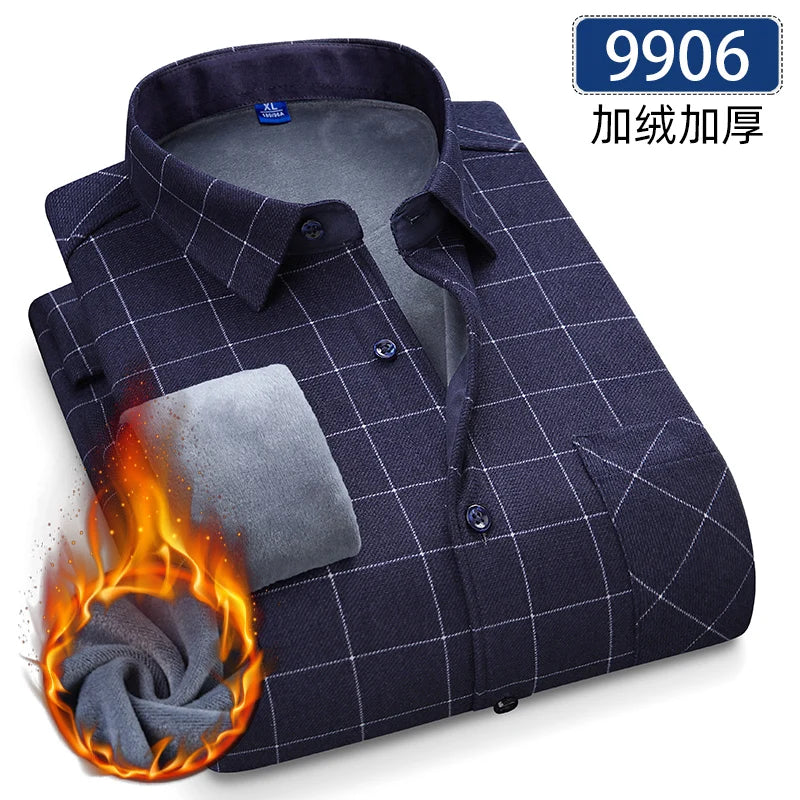 Autumn Winter Thicken Fleece Shirts For Men Business Plaid Shirt Long Sleeve Warm Clothes Male Single Pocket Classic Check Shirt