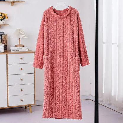 Winter New Long Warm Coral Fleece Home Sleepwear Robe for Women Walking Blanket Style Loose Fit with Pockets Sleep Dress