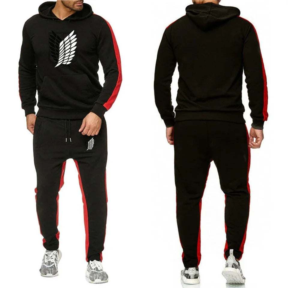 Autumn Winter Mens Tracksuit Print Casual Hooded Sweatshirt Sweatpants Set Outdoors Sports Jogging Mens Clothing DailySportswear