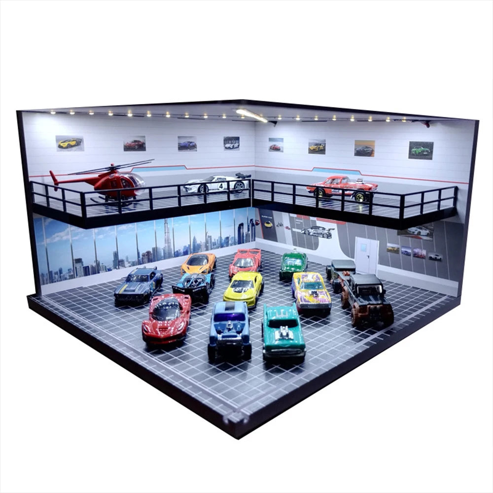 1/64 1/18 1/24 1/32 1/43 Scale Car Garage Diorama Models Set Scene LED Parking Lot Model for Matchbox Hot Wheels Collection