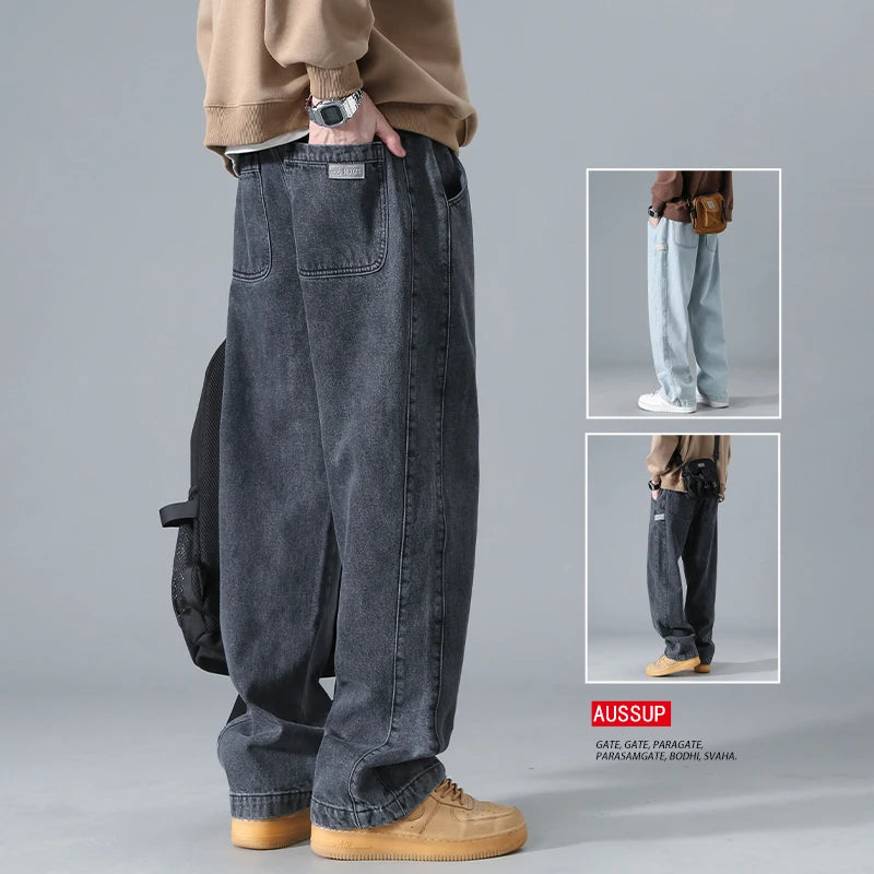 Men's Workwear Jeans Spring Autumn Wear Resistant Dirty Denim Multi Pocket Loose Straight Cut Fashion Urban Casual Leisure