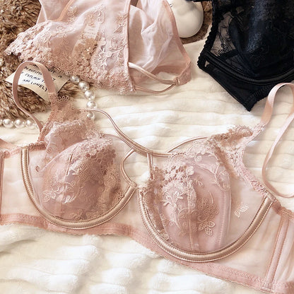 Sexy Hollow Women Underwear Lace Floral Embroidery French Ultra Thin Cup Push Up Bra Set Adjustable Strap Brassiere Panties Sets