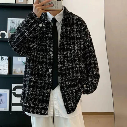Men's Spring/Autumn/Winter Woolen Tweed Slim Fit Collarless Jacket with Color Blocking Design for a Youthful Look