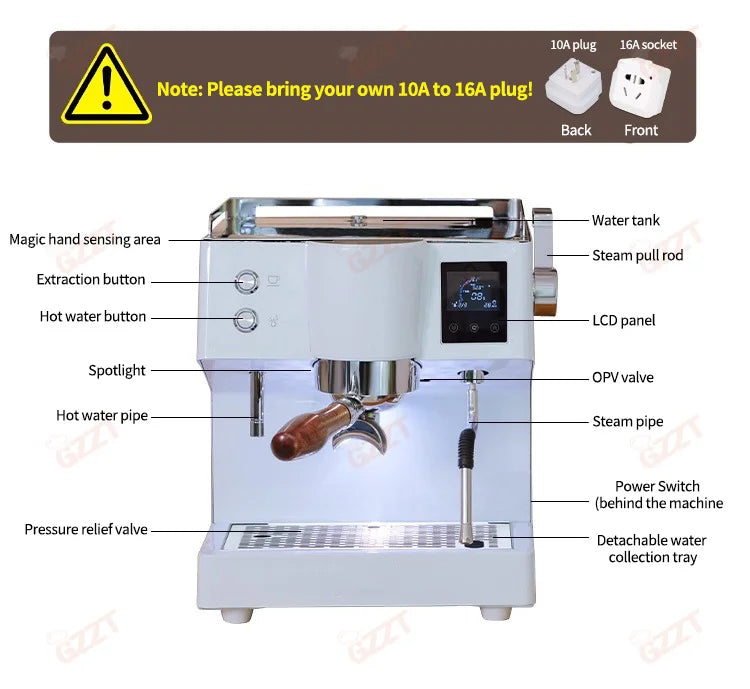 GZZT KFJ52QC 9Bar Coffee Machine Professional Espresso Coffee Makers with OPV Valve Magic Hand System Portable Coffee Maker 220V