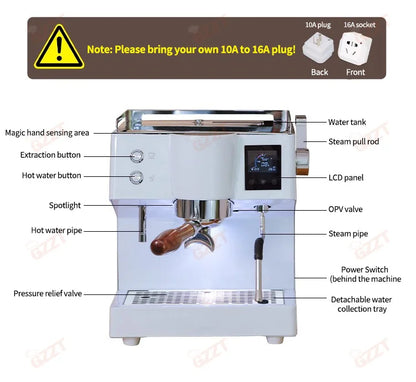 GZZT KFJ52QC 9Bar Coffee Machine Professional Espresso Coffee Makers with OPV Valve Magic Hand System Portable Coffee Maker 220V