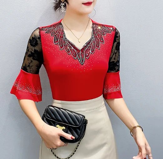 2026 Spring Summer Mesh Tops Korean Fashion Diamond T Shirt Slim 3/4 Sleeve Hollow Out Casual Women Shirt