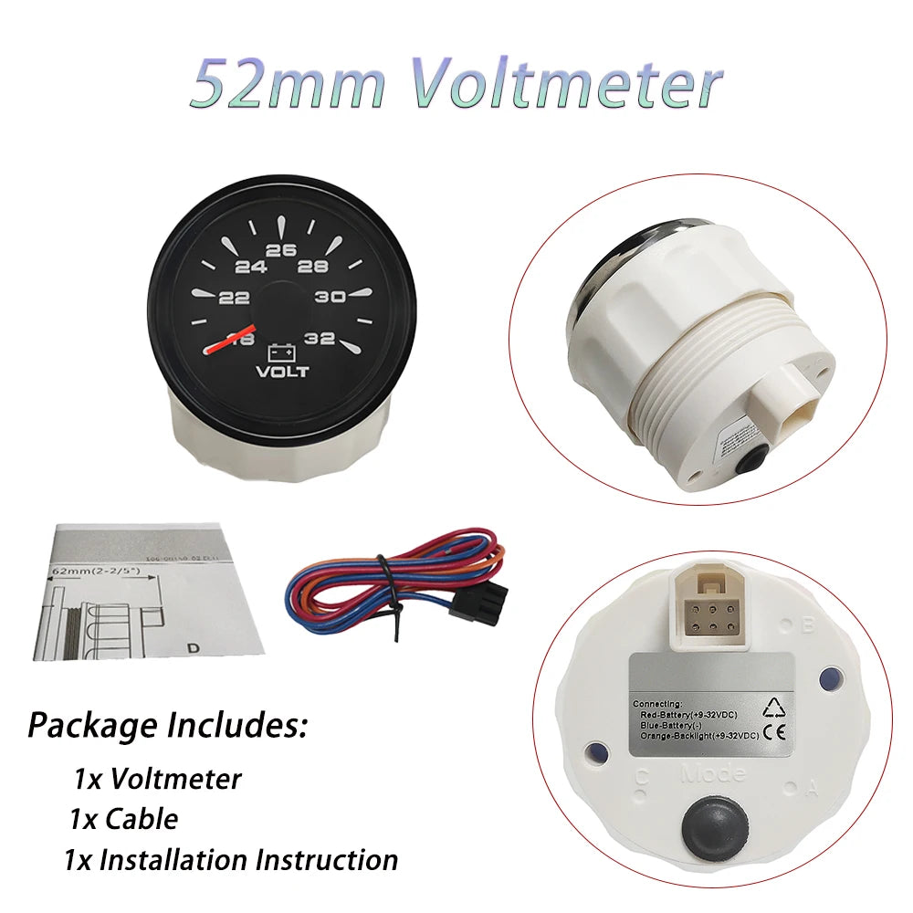 Rhaxel 52mm Voltmeter 8-16V 18-32V Gauge for Car Truck Yachts with 8 Color Backlight for Car Truck Tractors Vessels