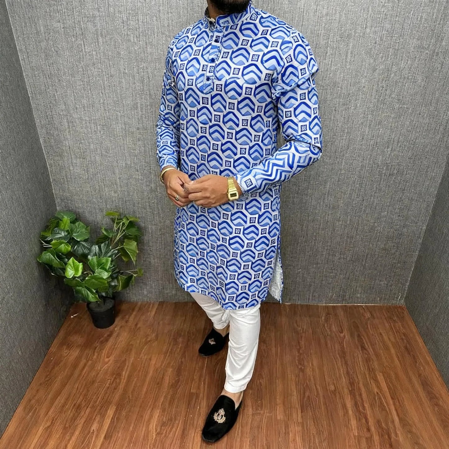 Men Islamic Arabic Abaya Robe Ethnic Print Stand Collar Youth Mid-length Shirt Luxury Coat Moslim Kleding Vestiti Musulmani Uomo