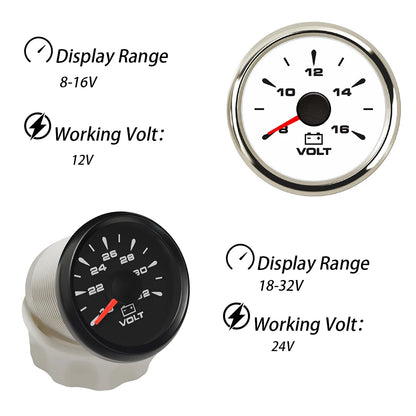 Rhaxel 52mm Voltmeter 8-16V 18-32V Gauge for Car Truck Yachts with 8 Color Backlight for Car Truck Tractors Vessels