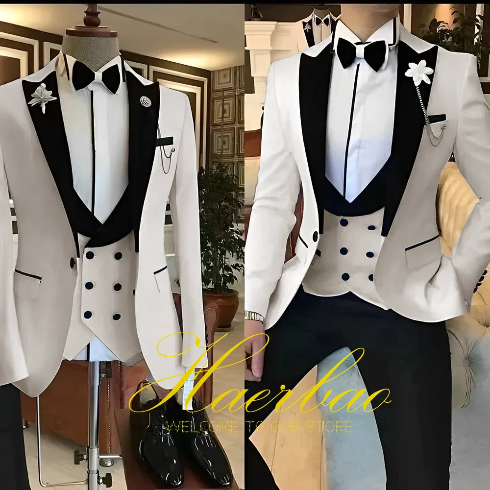 White Men Suits 3 Piece Slim Fit Groom Tuxedos for Wedding Groomsmen Italian Style Suit Jacket with Double Breasted Vest Pants