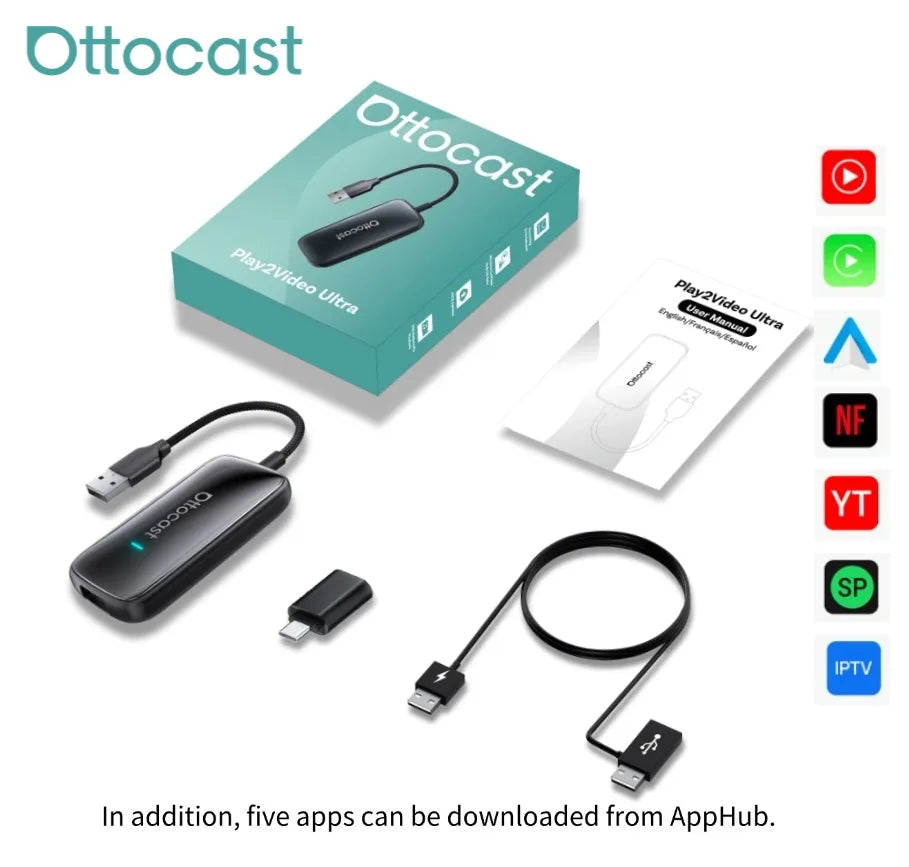 OTTOCAST Play2Video Ultra Wireless CarPlay AI BoxVideo Streaming forCar YouTube Netflix IPTV Plug&Play for Factory Wired CarPlay