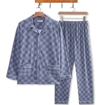 Men's Pajamas Spring Fall and Winter Plaid Printed Long-Sleeved Casual Home Wear Sleepwear 2 Piece Set Big Size Soft Loungewear